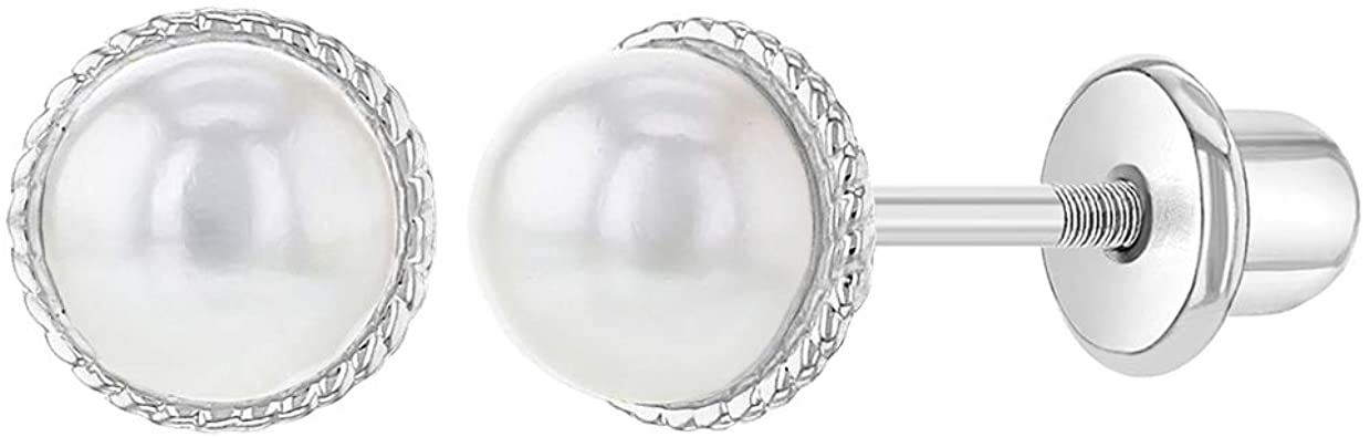 Rhodium Plated White Simulated Pearl Rope Bezel Screw Back Baby Earrings 4mm