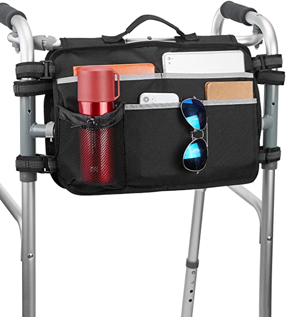 ISSYAUTO Double-Sided Walker Bag, Large Capacity Walker Storage Bag with Cup Holder, Lots Pocket Strap Mount Bag Provide Hand Free Fits Most Walker Best Gift for Older Family, Not for Rollator