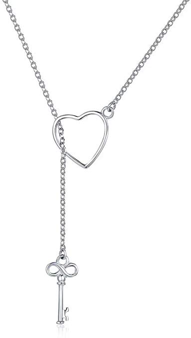 Presentski 925 Sterling Silver Y Lariat Necklace Chain Valentines Day Gift with Infinity Key Pendant,Love Heart Necklaces for Women Girls