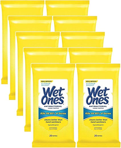 Wet Ones Antibacterial Hands & Face Wipes, Citrus Scent, 20 Count Travel Pack (Pack of 10)
