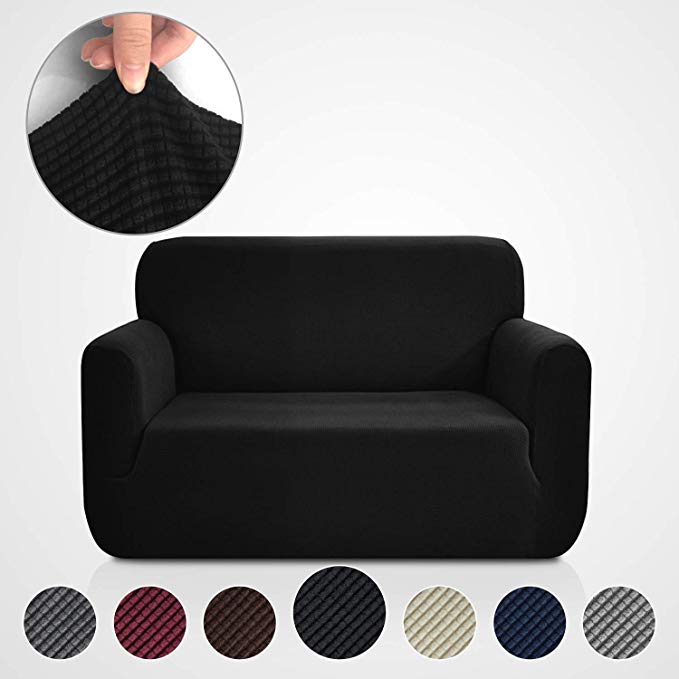 Rose Home Fashion RHF Jacquard-Stretch Sofa Cover, Slipcover for Leather Couch-Polyester Spandex Sofa Slipcover&Couch Cover for Dogs, 1-Piece Sofa Protector(Loveseat: Black)