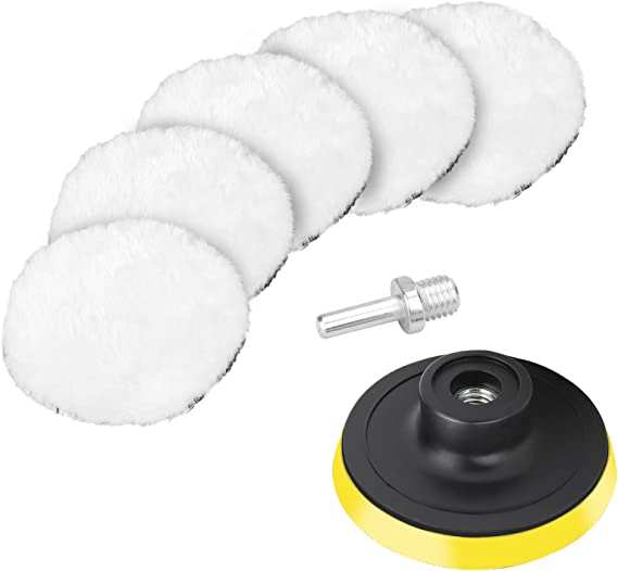 7 PCS 4 Inch Synthetic Wool Polishing Buffing Pad, Polishing Buffing Wheel with Hook & Loop Back for Drill Buffer Attachment with M10 Drill Adapter Car Buffer Polisher Kit for Car Polishing, Waxing