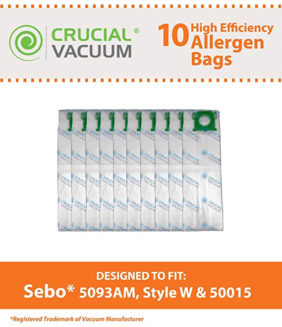 10 Sebo Ultra Allergen HEPA Style Cloth Upright Vacuum Bags Windsor Sensor, Fits Models Sebo X1, X2, X4, X4 Extra, X5, C3.1, C2.1,Kenmore 50015,Compare to Part # 5093AM, 5827ER, 6198AM, Kenmore Style W, Part # 20-50015, Designed and Engineered by Crucial Vacuum