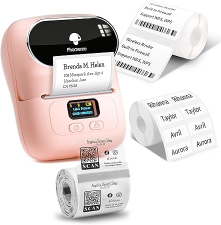 Phomemo M110 Label Printer - Bluetooth Portable Label Maker No Ink, Mini Barcode Label Printer for Retail, Address, Barcode, Home, for PC/Mac, iOS/Android, with 3pack Most Used Labels, Baby Pink