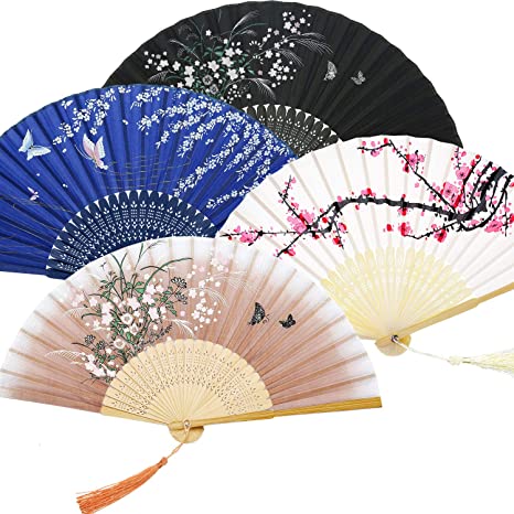 Zonon Handheld Floral Folding Fans Cherry Blossom Pattern Hand Held Fans Silk Bamboo Fans with Tassel Women's Hollowed Bamboo Hand Holding Fans for Women and Men (4 Pieces)