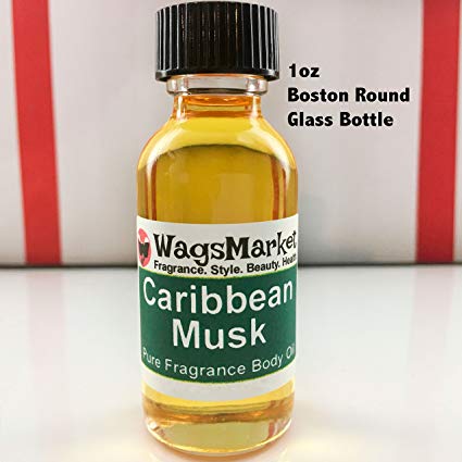 Caribbean Musk (Pure and Thick) Fragrance Body Oil, Choose from 0.33oz Roll On to 4oz Glass Bottle, by WagsMarket™ (1oz Glass Bottle)