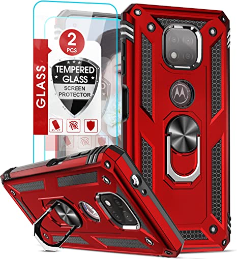 LeYi for Motorola Moto G Power 2021 Case with 2 Pack Tempered Glass Screen Protector, Magnetic Ring Kickstand for Men Military Hard Shockproof Full Body Protective Cover for Moto G Power 2021 Red