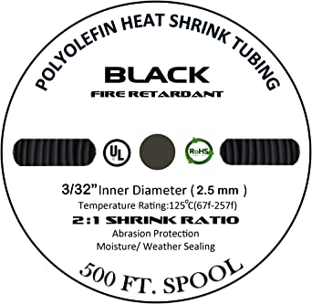 225FWY 50 FT 3/32" 2.5mm Polyolefin Black Heat Shrink Tubing 2:1 Ratio