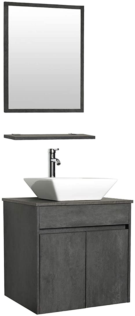 eclife 24” Bathroom Vanity Sink Combo Wall Mounted Concrete Grey Cabinet Vanity Set Square White Ceramic Vessel Sink Top, W/Chrome Faucet, Pop Up Drain & Mirror (A07E03CC)