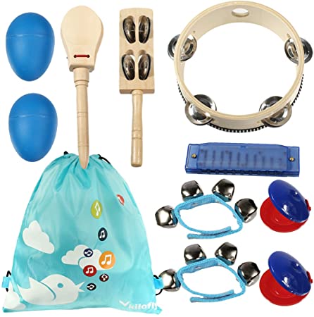 kilofly Kids Musical Instruments Band Rhythm Toys Value Pack [Set of 10], Blue