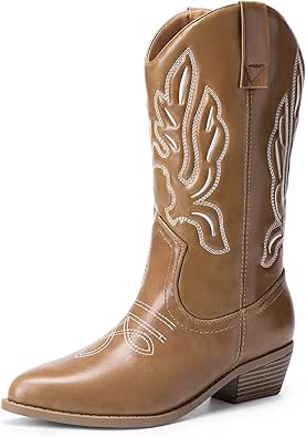 DREAM PAIRS Women's Cowboy Boots Mid Calf Cowgirl Boots Embroidery Stitched Western Boots