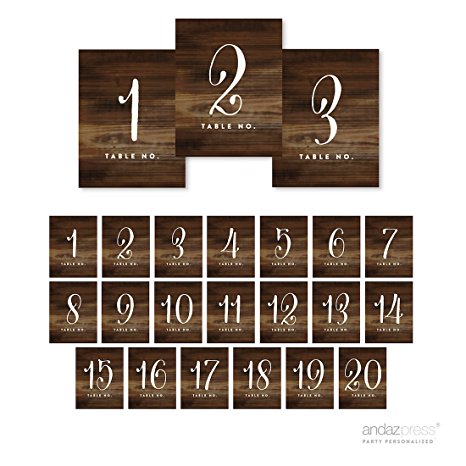 Andaz Press Table Numbers 1 - 20 on Perforated Paper, Rustic Wood Print, 4.25 x 5.5-inch Cardstock Sign, Single- Sided, 1-Set, For Weddings, Graduation