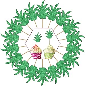 48 Pieces Green Pineapple Palm Leaf Cupcake Toppers Glitter Tropical Food Cocktail Picks Luna Toothpicks Hawaii Cake Decorations Donut Decor for Summer Beach Birthday Party Favors Supplies