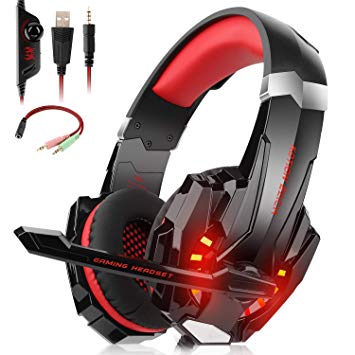 Willnorn Stereo Gaming Headset with Mic for PS4,Xbox One,PC,Nintendo Switch,Mac/Noise Cancelling Wired Over-Ear Headphones with Microphone & Volume Control,3.5mm Jack，LED Lights, Bass Surround（Red）
