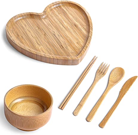 Bamboo Plate Set - Heart Shape Plate, Round Bowl, Cutlery -1 Knife -1 Fork -1 Spoon – Set of Chopsticks, Dinnerware -Compostable - Biodegradable - Thanksgiving - Party - Picnic - ECO FRIENDLY by Lejal