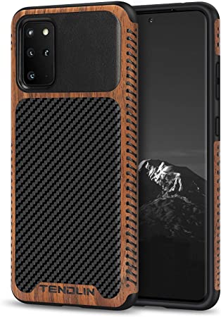 TENDLIN Compatible with Samsung Galaxy S20 Plus Case Wood Grain with Carbon Fiber Texture Design Leather Hybrid Case