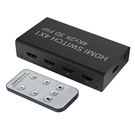 TURATA HDMI Switch 4 x 1 Hub Port Switches 4K x 2K 4 Port 4 x 1 High-Speed HDMI Switcher with PIP and IR Wireless Remote Control (Black)