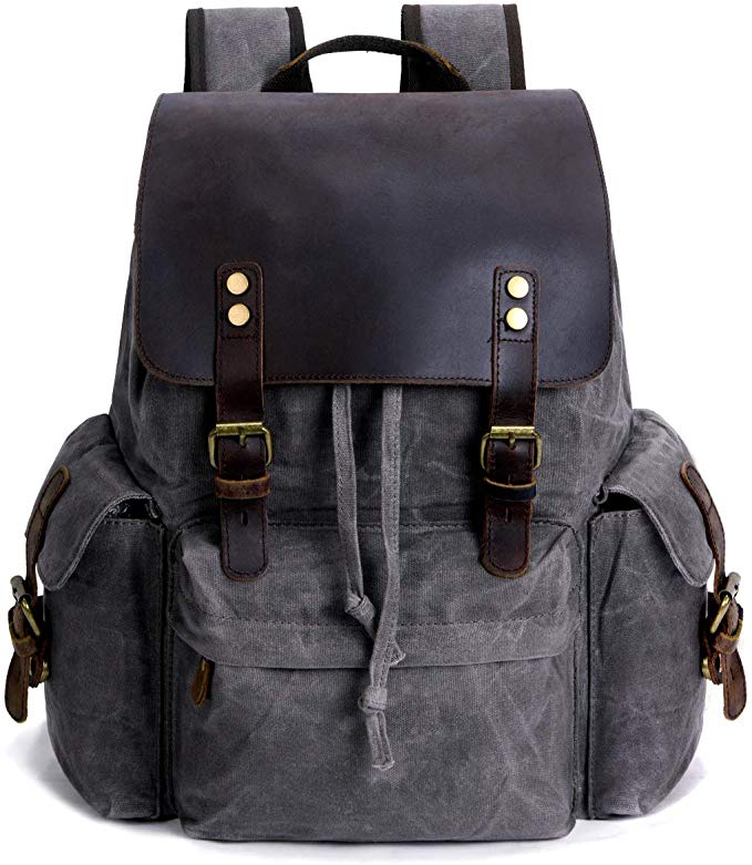 SUVOM Vintage Canvas Genuine Leather Laptop Backpack for Men School Bag 15.6" Water Resistant Travel Rucksack