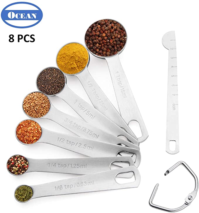Ocean Pro 18/8 Stainless Steel Measuring Spoons, Set of 8 pieces for Dry and Liquid Ingredients of cooking baking, with measure gauge
