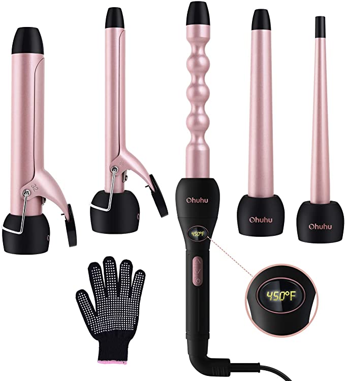 5 in 1 Curling Iron Wand Set, Ohuhu Hair Curler with LCD Temperature Display, 5Pcs 0.35 inch to 1.25 inch Interchangeable Ceramic Barrels and Heat Protective Glove, Rose Gold, Gift idea