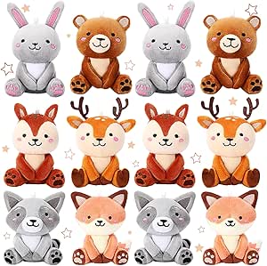 12 Pcs Mini Stuffed Woodland Animals Plush Bulk 4 Inch Woodland Animals Cute Plush Bear Rabbit Squirrel Raccoon Fox Deer for Boys Girls Birthday Gifts Teacher Student Christmas Party Favors