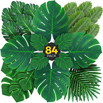 Palm Leaves Artificial Tropical Monstera - 84 Pcs 6 Kinds Large Small Green Fake Palm Leaf Decorations with Stems for Safari Jungle Hawaiian Luau Party Table Decoration Wedding Birthday Theme Party