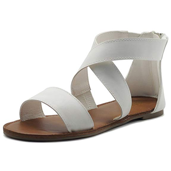 Ollio Women's Shoes Zip Up Gladiator Criss Cross Strap Flat Sandals