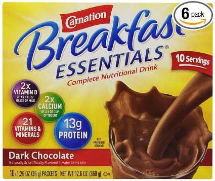 Carnation Breakfast Essentials, Dark Chocolate Powder, 10-Count Envelopes 1.26 Ounce NET WT 12.6 Ounce (Pack of 6)