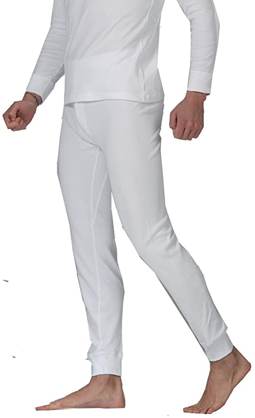 Men's Thermal White 100% Cotton Long Johns (240 GSM) Soft Underwear