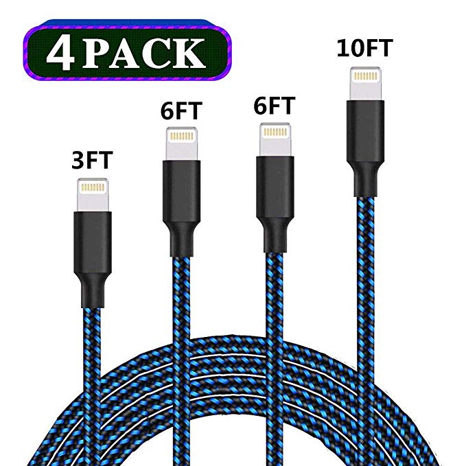 iPhone Charger, MFi Certified Lightning Cable, 4 Pack(3/6/6/10 FT) Extra Long Nylon Braided Charging&Syncing Cord Compatible with iPhone Xs/XR/XS Max/X/7/7Plus/8/8Plus/6S/6S Plus/5C More (Blue&Black)