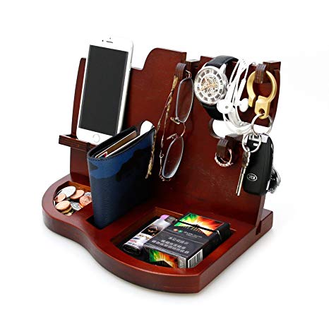 Red Wooden Phone Docking Station with Key Holder, Wallet and Watch Organizer Men's Gift