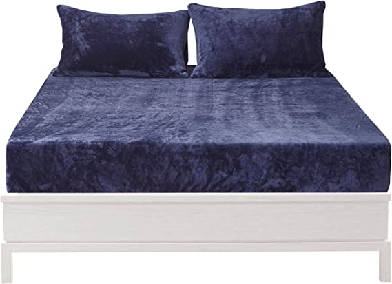 Jepson Fur Velour Flannel Fitted Bed Sheet Only 16 Inch Deep Pocket Stay On with Elastic Around Winter Warm Fuzzy Bottom Sheet,King Navy