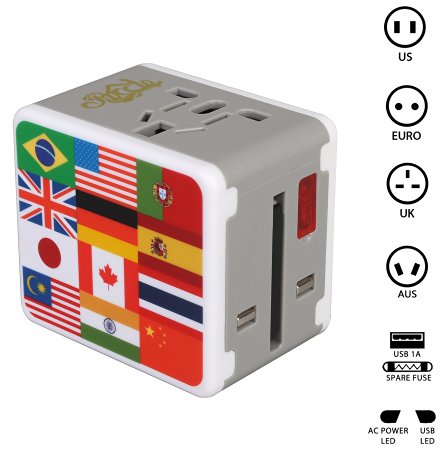 Rocclo Universal All in One Worldwide Travel Power Plug Wall Ac Adapter Adaptor Charger with Dual USB Charging Ports National Flag Edition For USA Eu Uk AUS