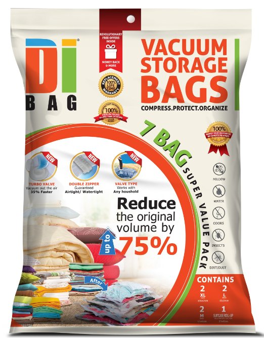 DIBAG ® 7 Bags Pack Vacuum Compressed Storage Space Saver Bags for Clothing, Duvets, Bedding, Pillows, Curtains & More. 2x Medium (57x45 cm), 2x Large (85x54 cm), 2x Extra Large (100x67 cm), 1x Travel (57x45 cm) Without Suction or Valve.