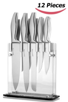 Premium Class Stainless-Steel Kitchen 12 Knife-Set with Acrylic Stand - 8 chef knife 8 bread knife 8 carving knife 5 utility knife 35 paring knife and 45 steak knives- By Utopia Kitchen