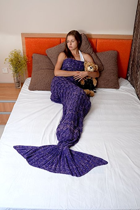 Mermaid Tail Blanket Adult and Kids Handmade Crochet Mermaid Blanket Seasons Warm Soft Living Room Quilt Sleeping Bag Birthday Gift (Purple)