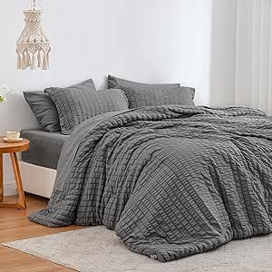 Love's cabin Seersucker Dark Grey Twin XL Comforter Set, 5 Pieces Twin XL Bed in a Bag, All Season Twin XL Bedding Sets with Comforter, Flat Sheet, Fitted Sheet, Pillowcase and Pillow Sham