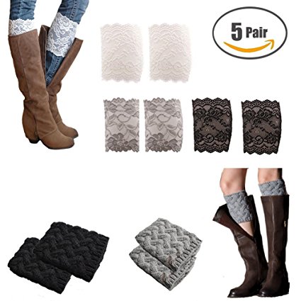 Sparklelife 5 Pairs Short Women Crochet Boot Cuffs Winter Cable Knit Leg Warmers Lace Trim Boot Cuffs Toppers Leg Warmers