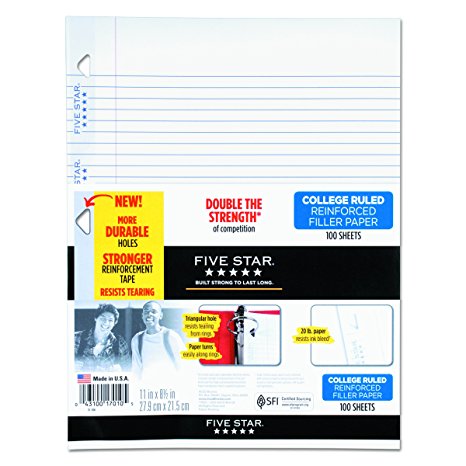 Five Star 17010 Reinforced Filler Paper, 20lb, College Rule, 11 x 8 1/2, White, 100 Sheets