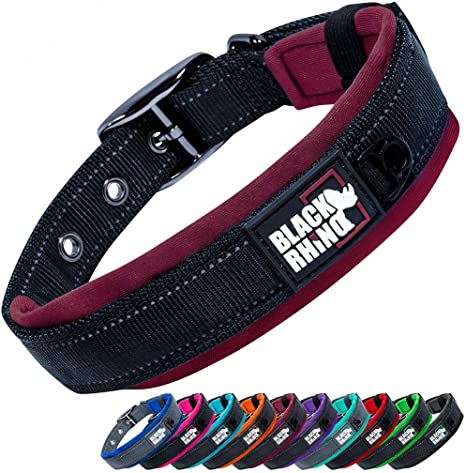 Black Rhino - The Comfort Collar - Collar de perro acolchado de neopreno ultra suave para todas las razas. Resistente, ajustable, reflectante y resistente a la intemperie (S, borgoña y negro)