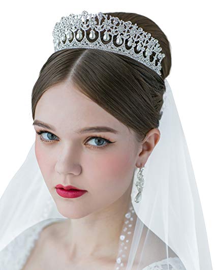 SWEETV Royal Pearl Tiara Vintage Rhinestone Crown Bridal Jewelry Wedding Hair Accessories, Silver