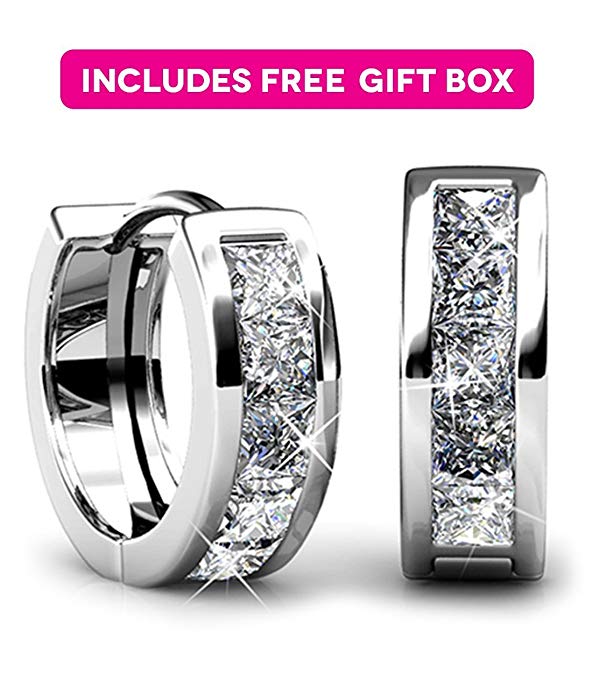 Jade Marie AMAZE Small Silver Huggie Hoop Earrings, 18k White Gold Plated Hoops with Princess Cut Swarovski Crystals, Tiny Hoop Hypoallergenic Earrings for Women, Gifts for Girls, BRIDESMAID JEWELRY