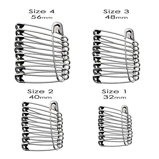 Assorted Safety Pins Pack of 48 – Selection of 4 sizes (32, 40, 48, 56mm) Nickel Plated Pins – Crafting, Clothing, First Aid