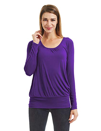 Lock and Love LL Womens Ombre Long Sleeve Front and Back Shirring Raglan Top - Made In USA