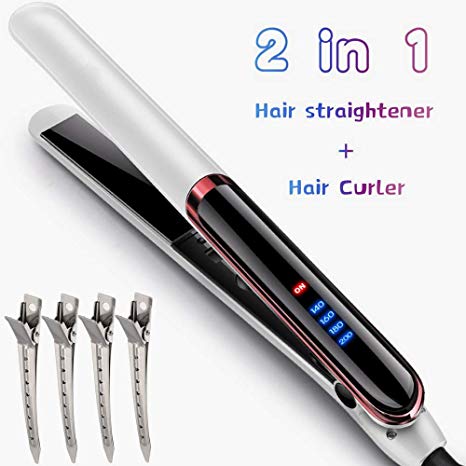 Hair Straightener and Curling Iron 2 in 1, HAITAO Ceramic Flat Iron for All Hair Types Styling Fast Heating with Adjustable Temperature and Led Display (White)