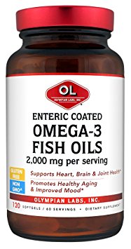 Olympian Labs Enteric Coated Omega 3 Fish Oils, 2000 mg per serving/ 60 servings, 120 Softgels