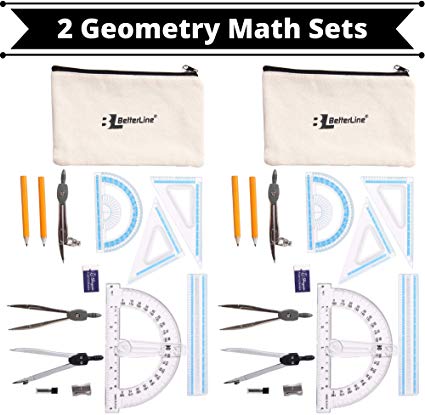 Value 2-Pack Geometry and Compass Math Set - 15 Pieces Includes Rulers, Protractors, Dividers, Set Squares, Compasses and Carry Case - Perfect School Supplies for Students and Teachers