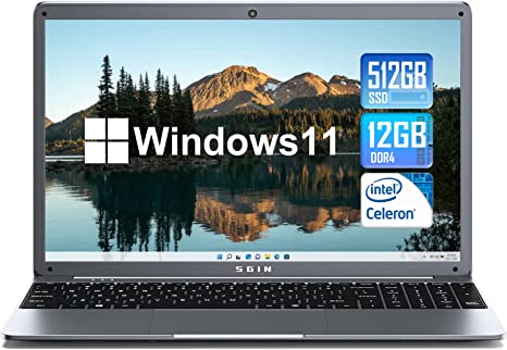 SGIN Laptop 12GB RAM 512GB SSD, 15.6 Inch Windows 11 Laptops with Intel Celeron N5095 Quad-Core Processor(up to 2.9 GHz), Full HD 1080P Screen, Mini HDMI, 2.4/5.0G WiFi, Webcam, Bluetooth 4.2, Grey