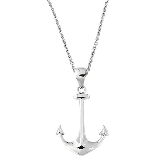 Solid Sterling Silver Rhodium Plated Anchor Pendant Necklace