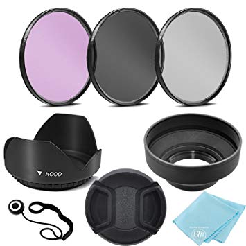 58mm 3 Piece Filter Kit (UV-CPL-FLD)   58mm Tulip Lens Hood   58mm Soft Rubber Hood   58mm Lens Cap   for Select Canon, Nikon, Sony, Olympus, Panasonic, Fuji, Sigma SLR Lenses, Cameras and Camcorders